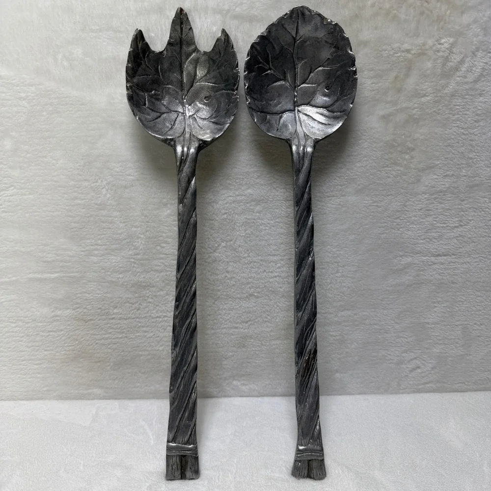 VTG Cast Metal Leaf Salad Serving Set Silver Tone Rustic Botanical Twig Handle